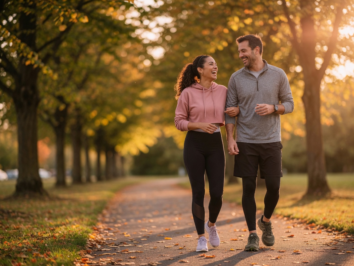 Casal caminhando ao ar livre no fim de tarde
