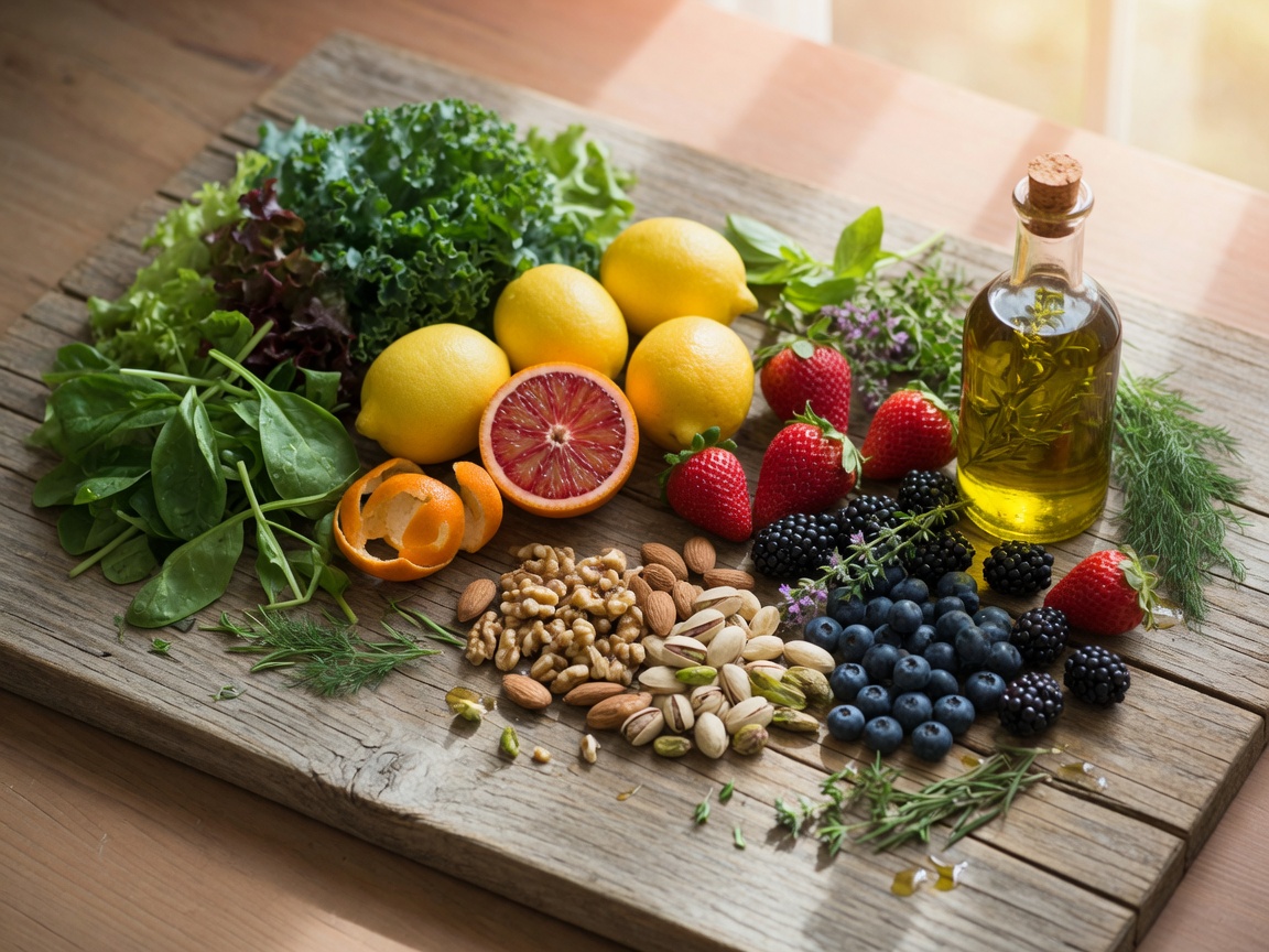 Ingredientes frescos e coloridos em tábua de madeira
