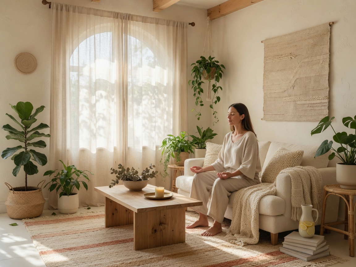 Mulher em momento de mindfulness em ambiente iluminado